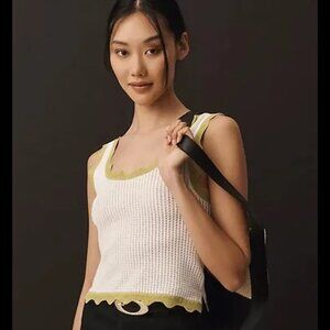 Anthropologie Maeve Crop Tank Top White With Green Scallop Hem, Size XS
